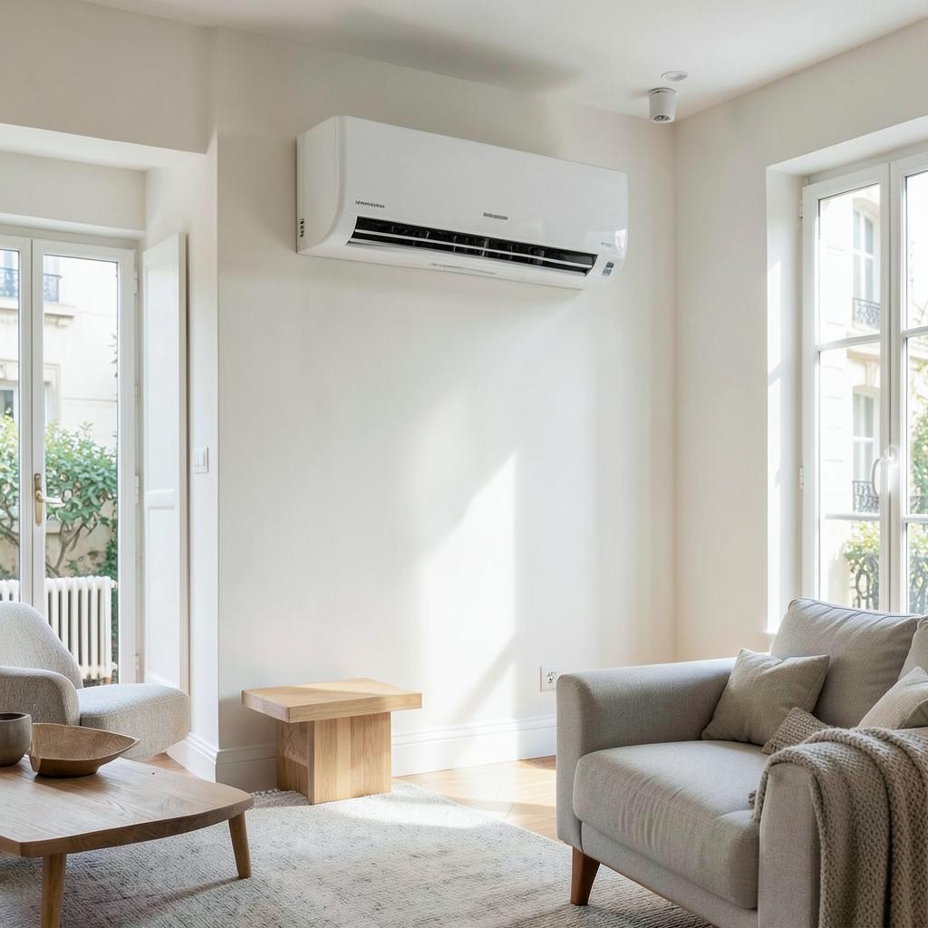 Climatisation murale installée dans un salon contemporain