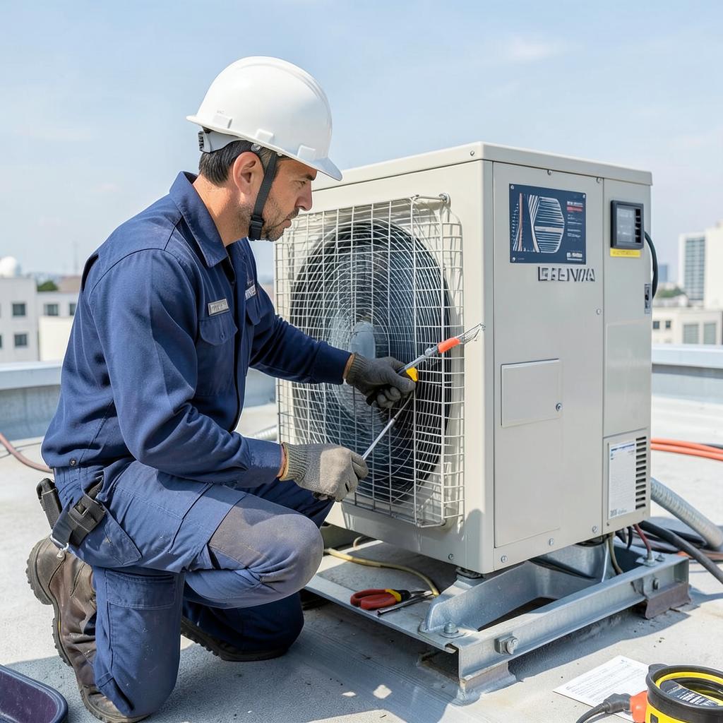 Technicien Climatic en maintenance sur une unité extérieure