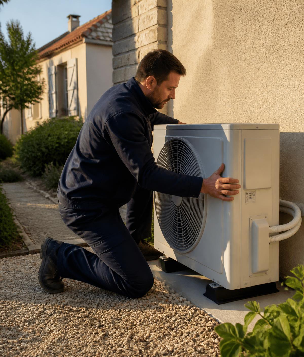Technicien Climatic installant une pompe à chaleur extérieure